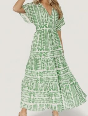 Baltic Born Green Leaf-Print V-Neck Maxi Dress